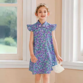 复古中式飞袖碎花旗袍裙 Vintage-Style Ruffled Sleeve Floral Cotton Qipao Dress