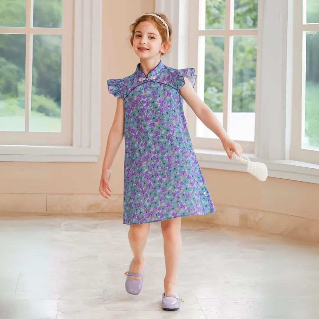 复古中式飞袖碎花旗袍裙 Vintage-Style Ruffled Sleeve Floral Cotton Qipao Dress