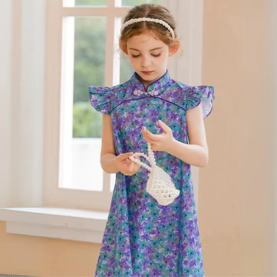 复古中式飞袖碎花旗袍裙 Vintage-Style Ruffled Sleeve Floral Cotton Qipao Dress