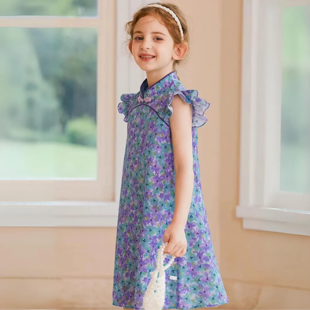复古中式飞袖碎花旗袍裙 Vintage-Style Ruffled Sleeve Floral Cotton Qipao Dress
