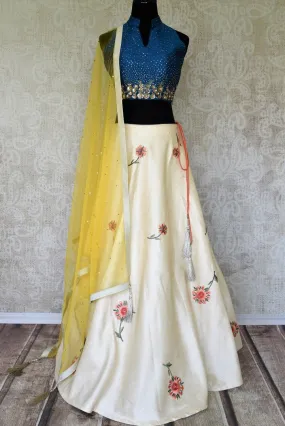300169 White Raw Silk Embroidered Lehenga with Yellow Sequin Dupatta