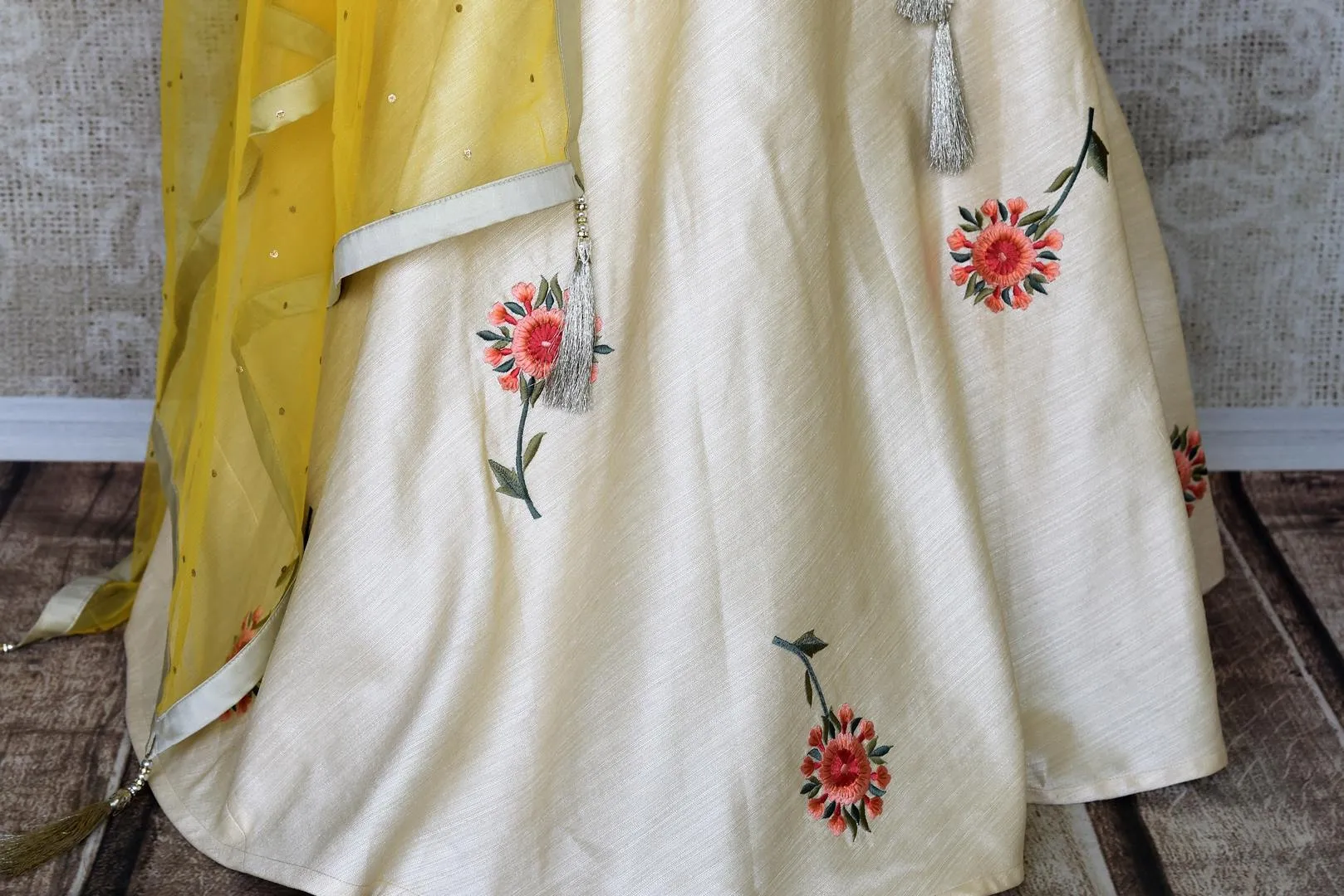 300169 White Raw Silk Embroidered Lehenga with Yellow Sequin Dupatta