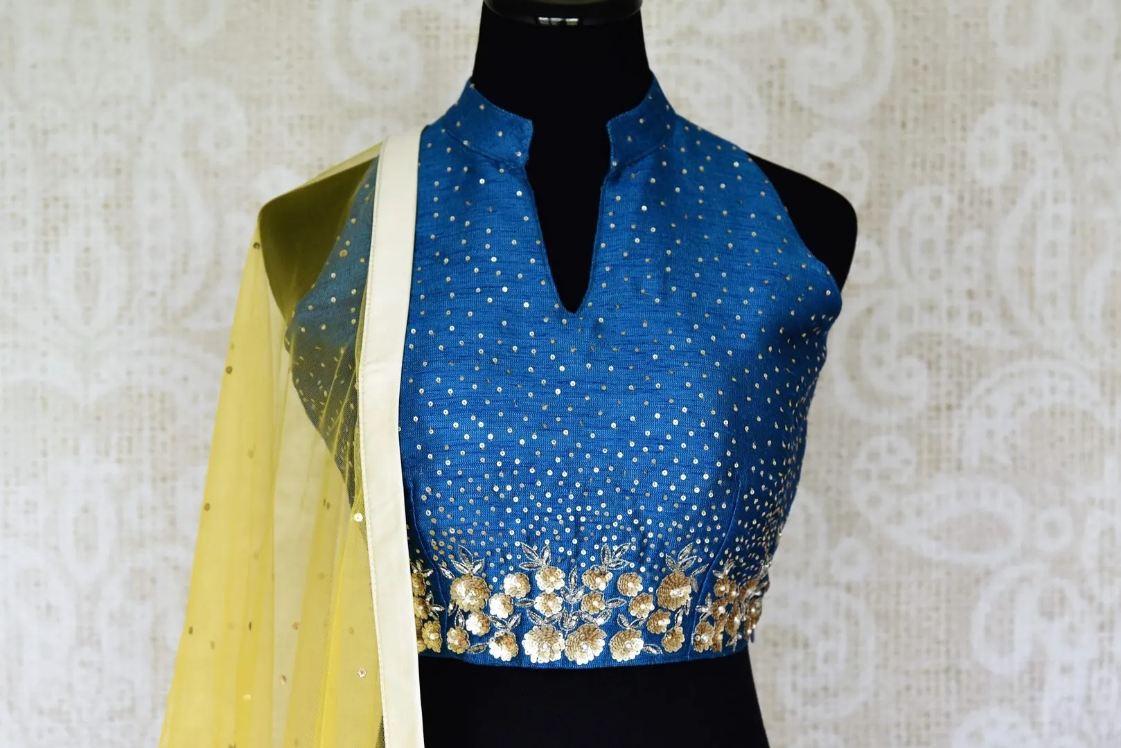 300169 White Raw Silk Embroidered Lehenga with Yellow Sequin Dupatta