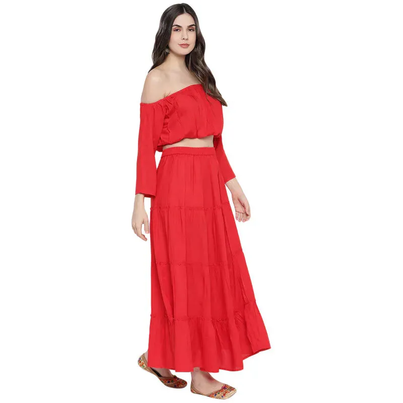 Aawari Rayon Two Piece Prom Dress For Girls and Women Red-AM083-Red