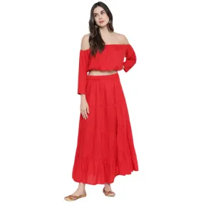 Aawari Rayon Two Piece Prom Dress For Girls and Women Red-AM083-Red