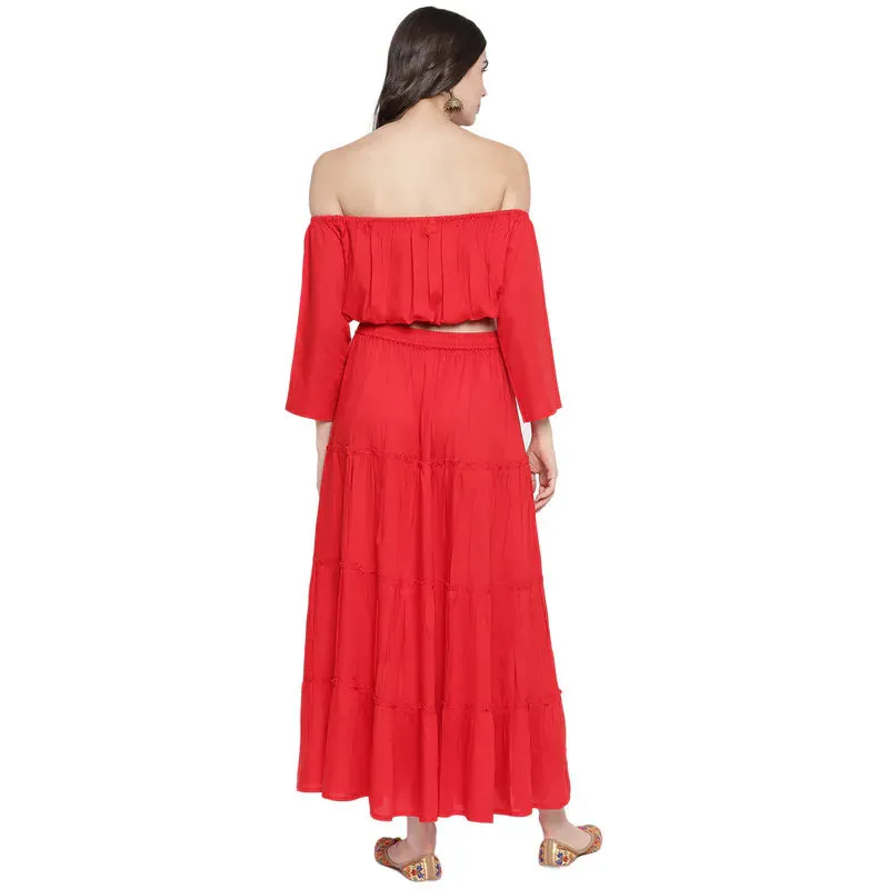 Aawari Rayon Two Piece Prom Dress For Girls and Women Red-AM083-Red