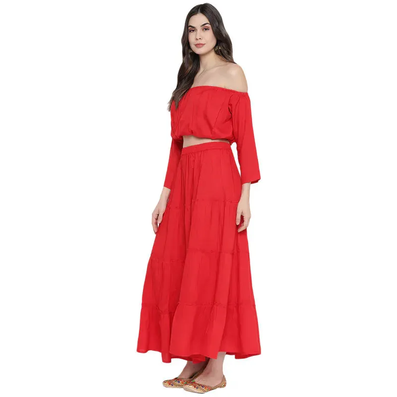 Aawari Rayon Two Piece Prom Dress For Girls and Women Red-AM083-Red