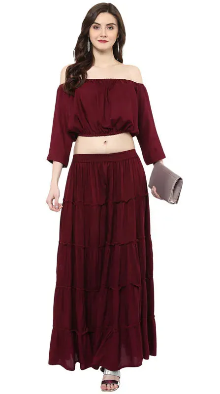 Aawari Rayon Two Piece Prom Dress For Girls and Women Wine-AM083-Wine