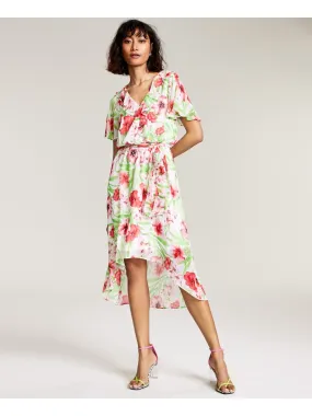 BAR III DRESSES Womens Ruffled Floral Flutter Sleeve Surplice Neckline Midi Party Hi-Lo Dress