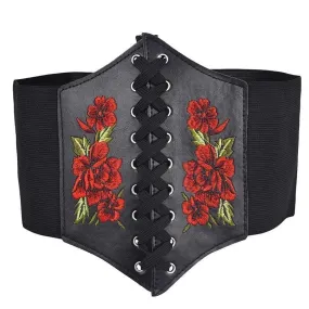 Beautiful Rose Embroidery Pattern Lace-up Corset Belt, Tied Corset Waist Belt For Women