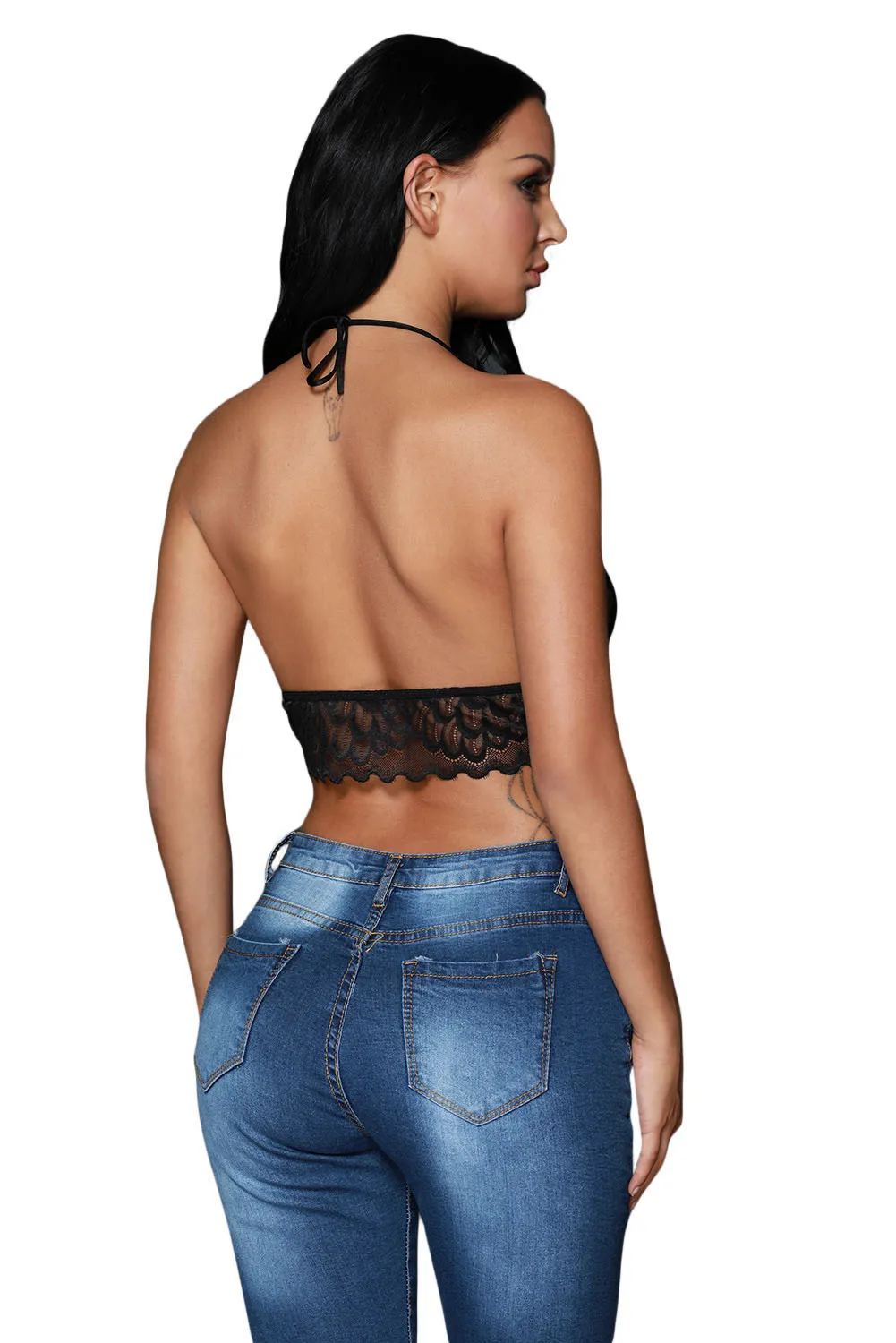 Black Sheer Scalloped Lace Halter Bralette Top