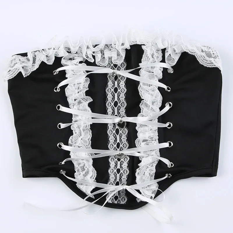 Black Strapless Lace Spliced Short Top