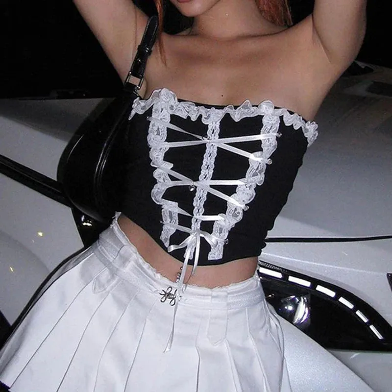 Black Strapless Lace Spliced Short Top