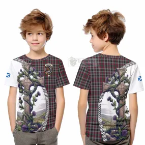 Borthwick Tartan Kid T-Shirt with Family Crest and St. Andrew's Cross Accented by Thistle Vines