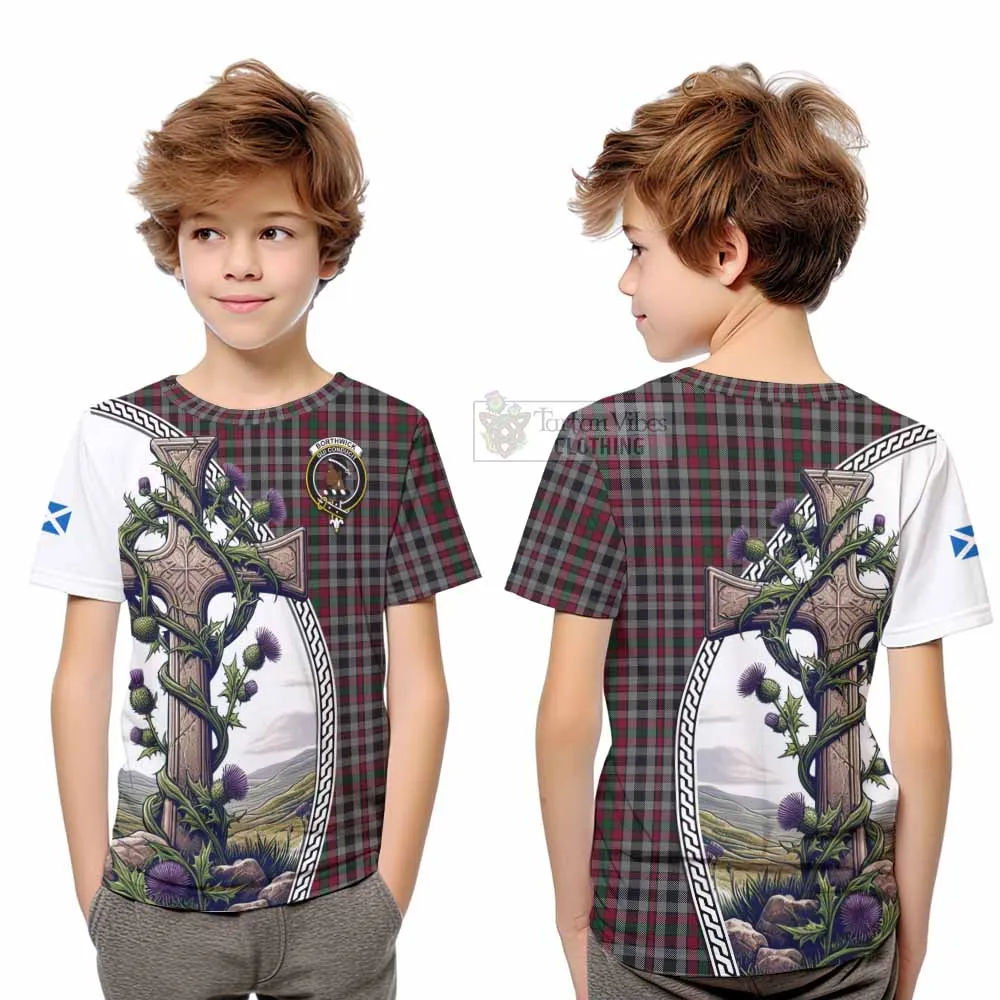 Borthwick Tartan Kid T-Shirt with Family Crest and St. Andrew's Cross Accented by Thistle Vines