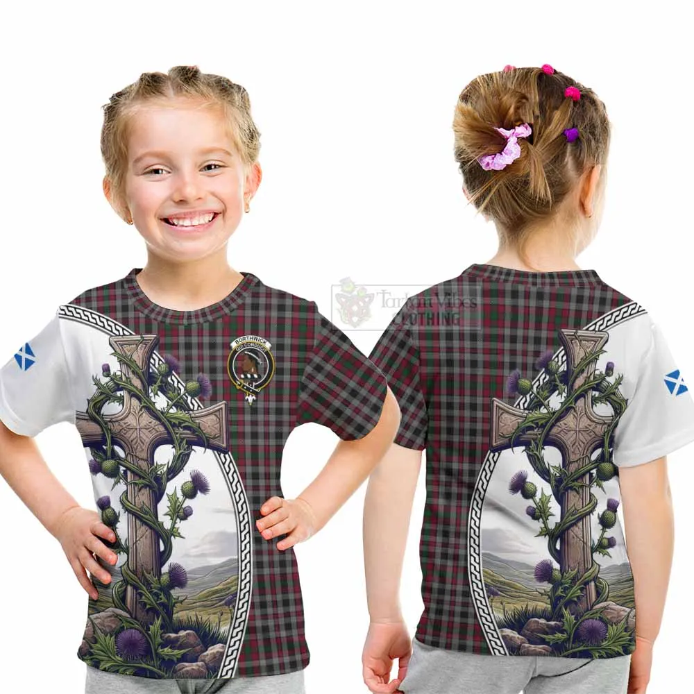 Borthwick Tartan Kid T-Shirt with Family Crest and St. Andrew's Cross Accented by Thistle Vines