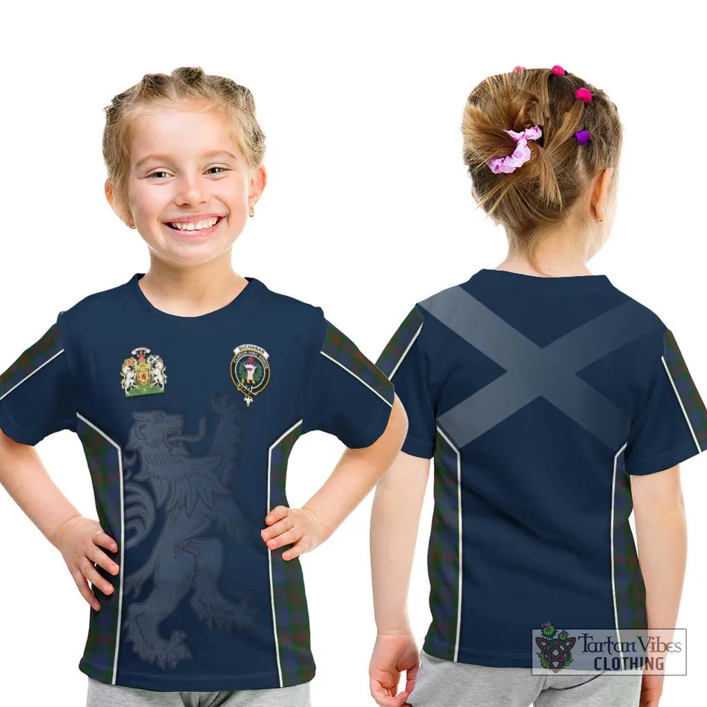 Buchanan Hunting Tartan Kid T-Shirt with Family Crest and Lion Rampant Vibes Sport Style
