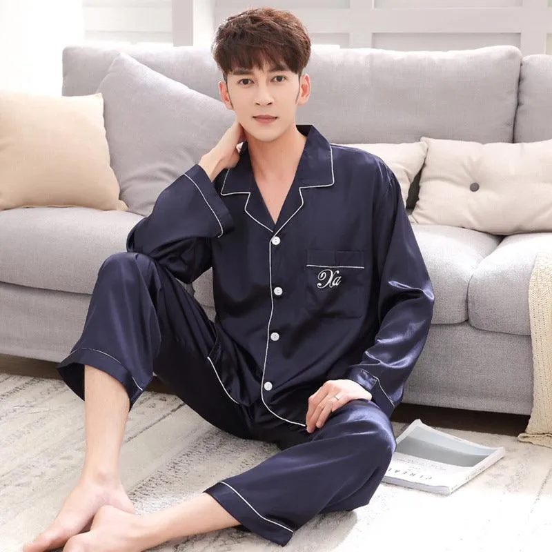 Couple pajamas women spring silk long-sleeved pajamas