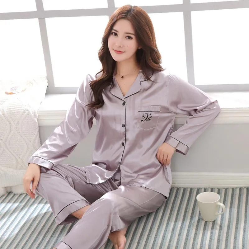 Couple pajamas women spring silk long-sleeved pajamas