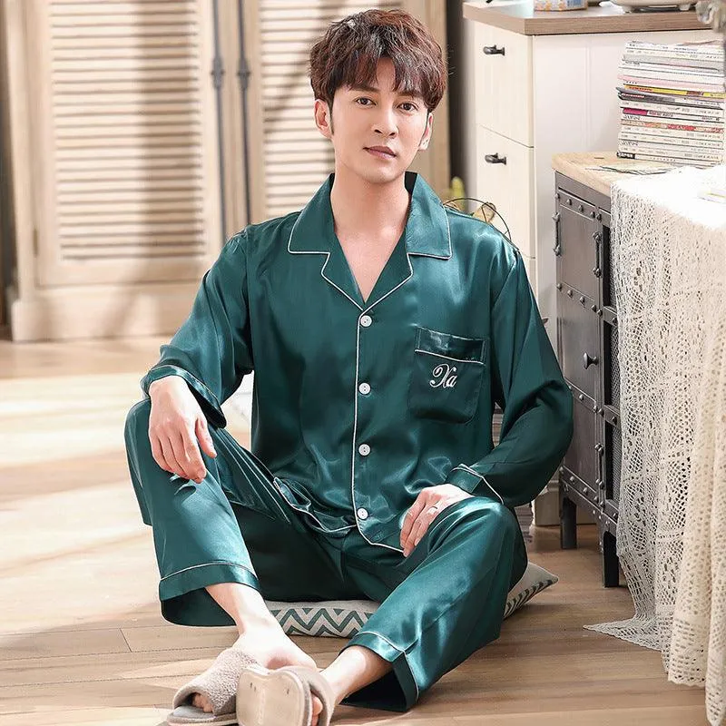 Couple pajamas women spring silk long-sleeved pajamas