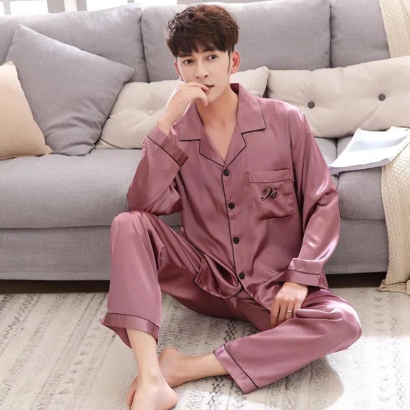 Couple pajamas women spring silk long-sleeved pajamas