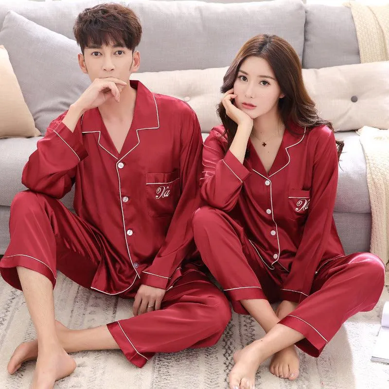 Couple pajamas women spring silk long-sleeved pajamas