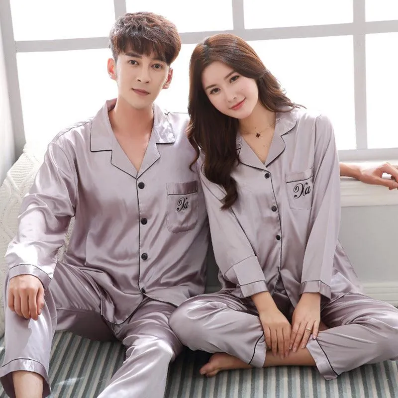 Couple pajamas women spring silk long-sleeved pajamas