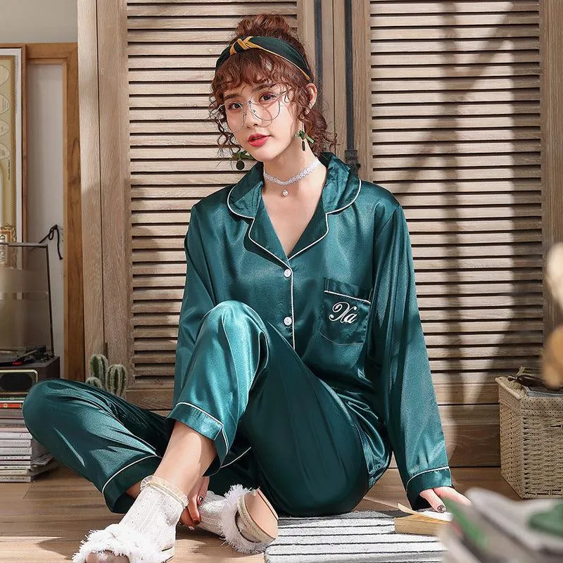 Couple pajamas women spring silk long-sleeved pajamas