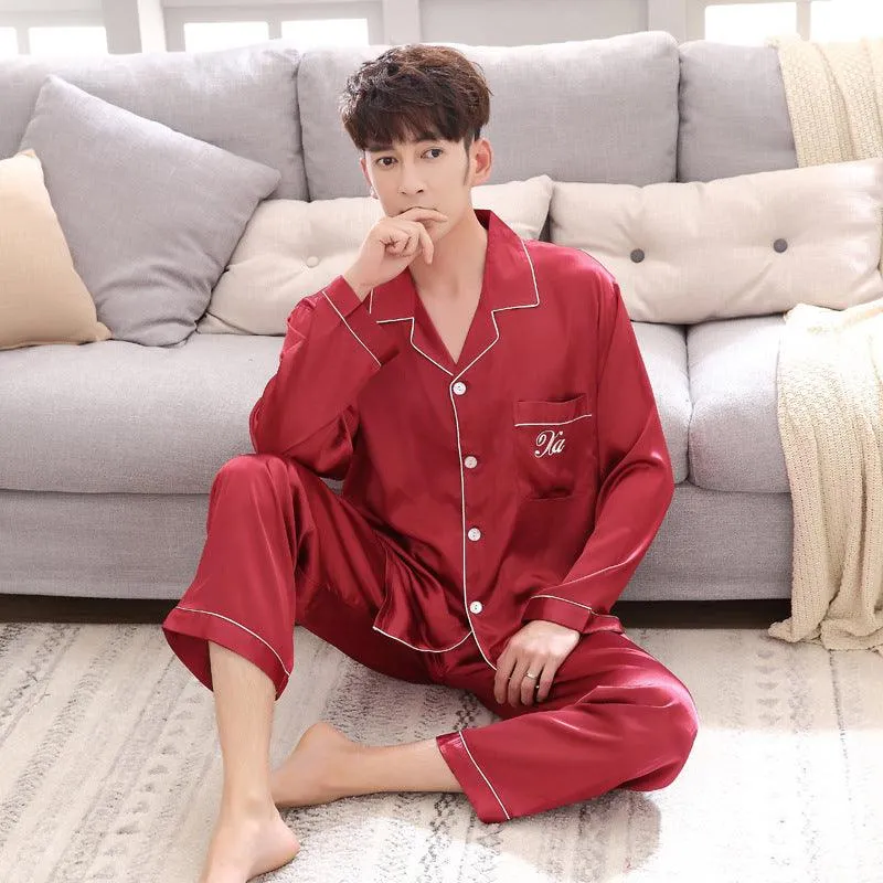 Couple pajamas women spring silk long-sleeved pajamas
