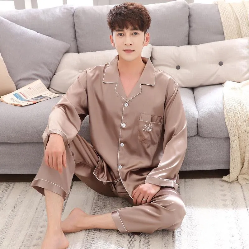 Couple pajamas women spring silk long-sleeved pajamas