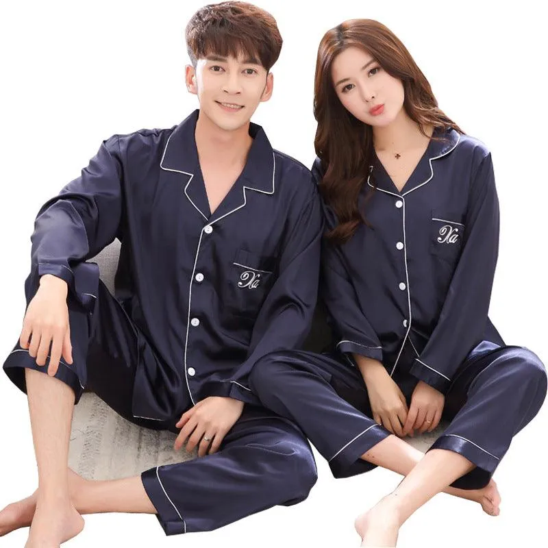 Couple pajamas women spring silk long-sleeved pajamas