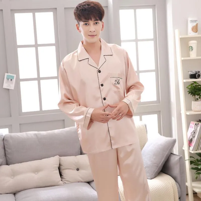 Couple pajamas women spring silk long-sleeved pajamas