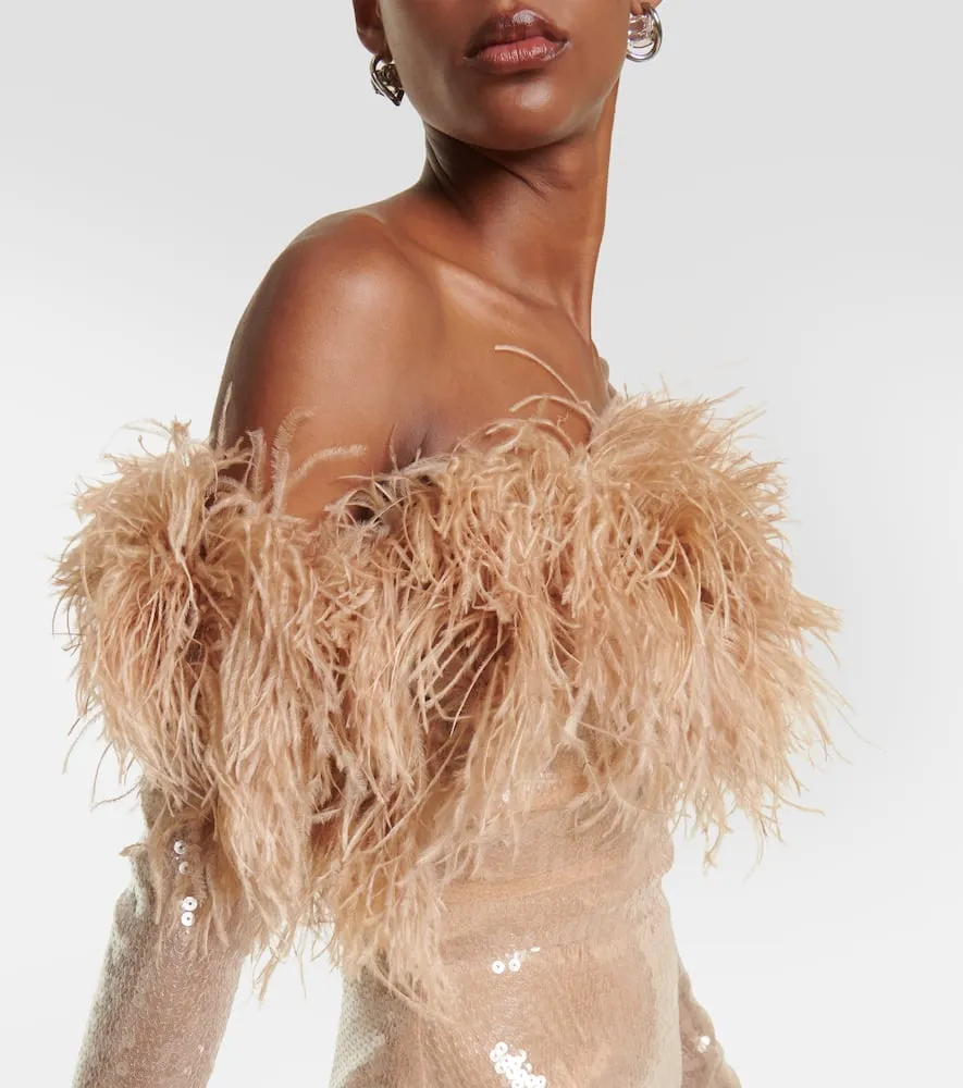 David Koma Feather-trimmed sequined midi dress
