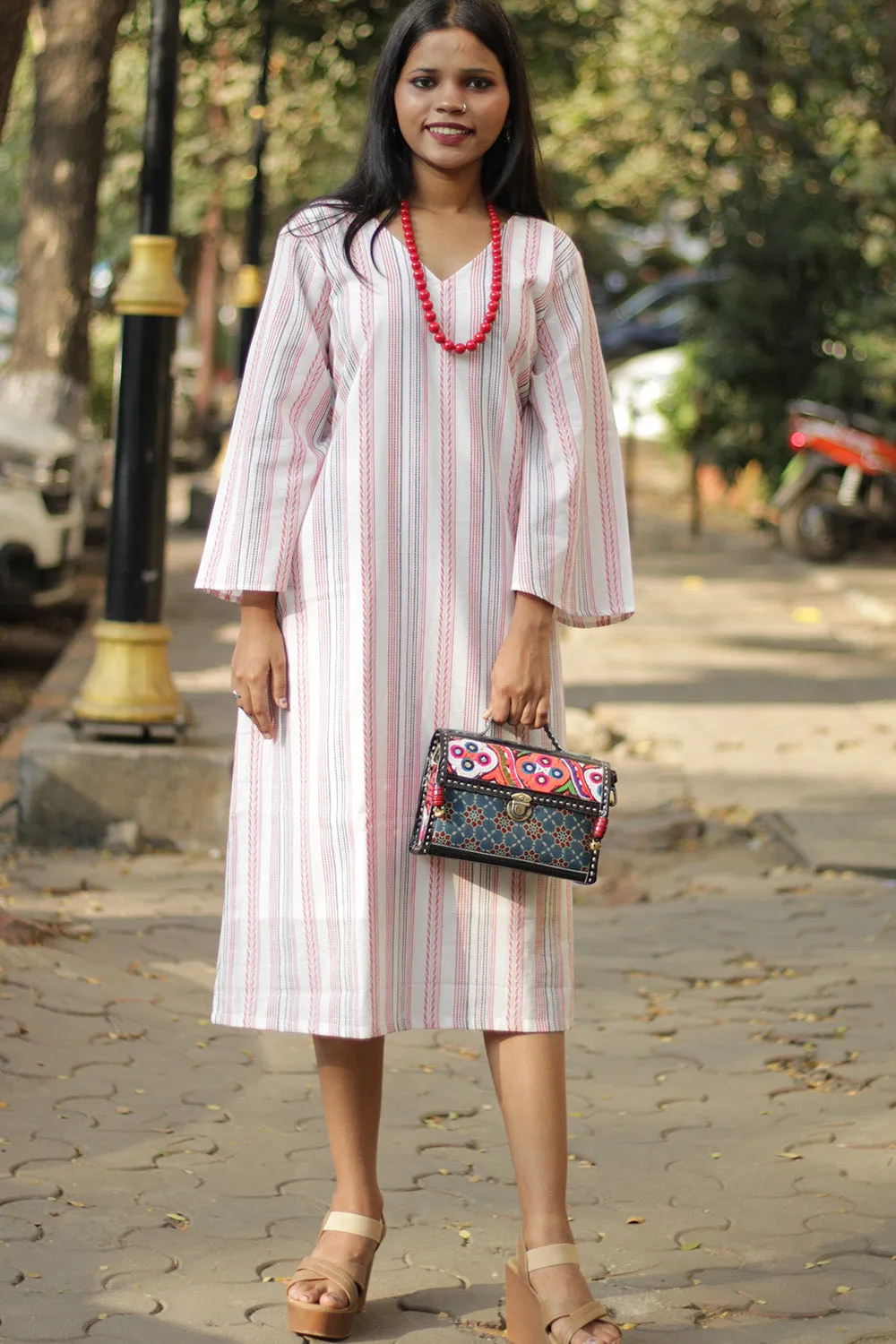 Diva| Bell Sleeves Dress | White & Red Stripes