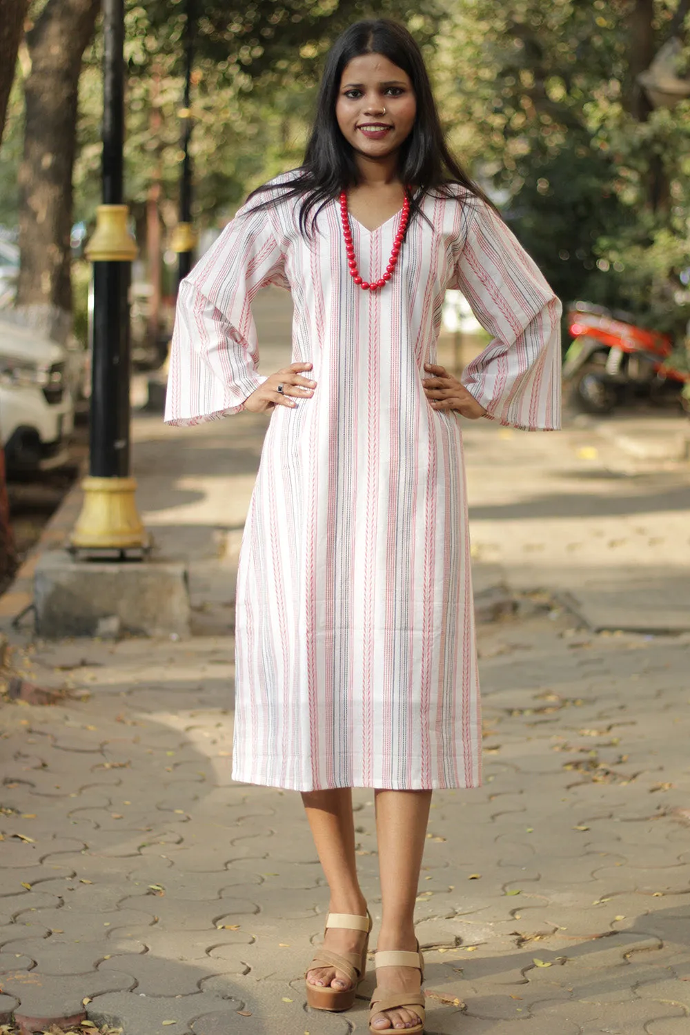 Diva| Bell Sleeves Dress | White & Red Stripes