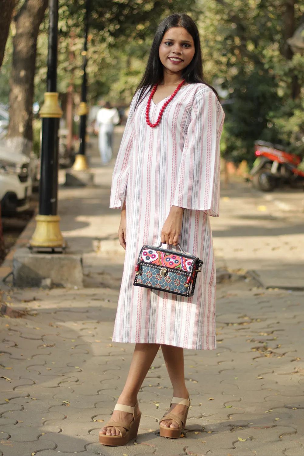 Diva| Bell Sleeves Dress | White & Red Stripes