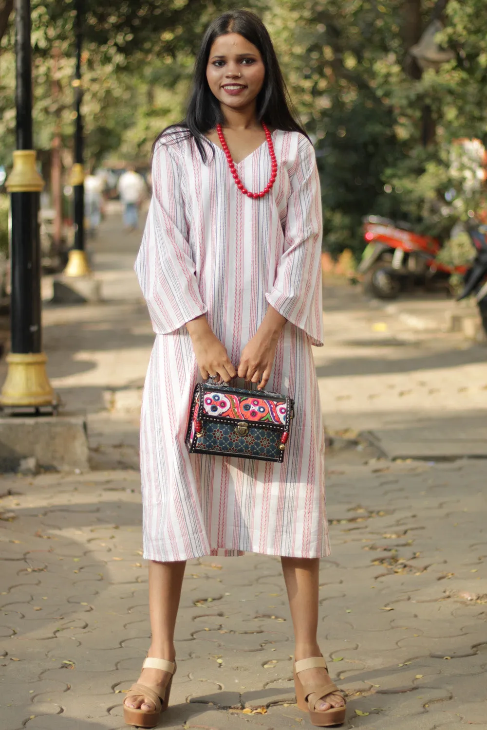 Diva| Bell Sleeves Dress | White & Red Stripes