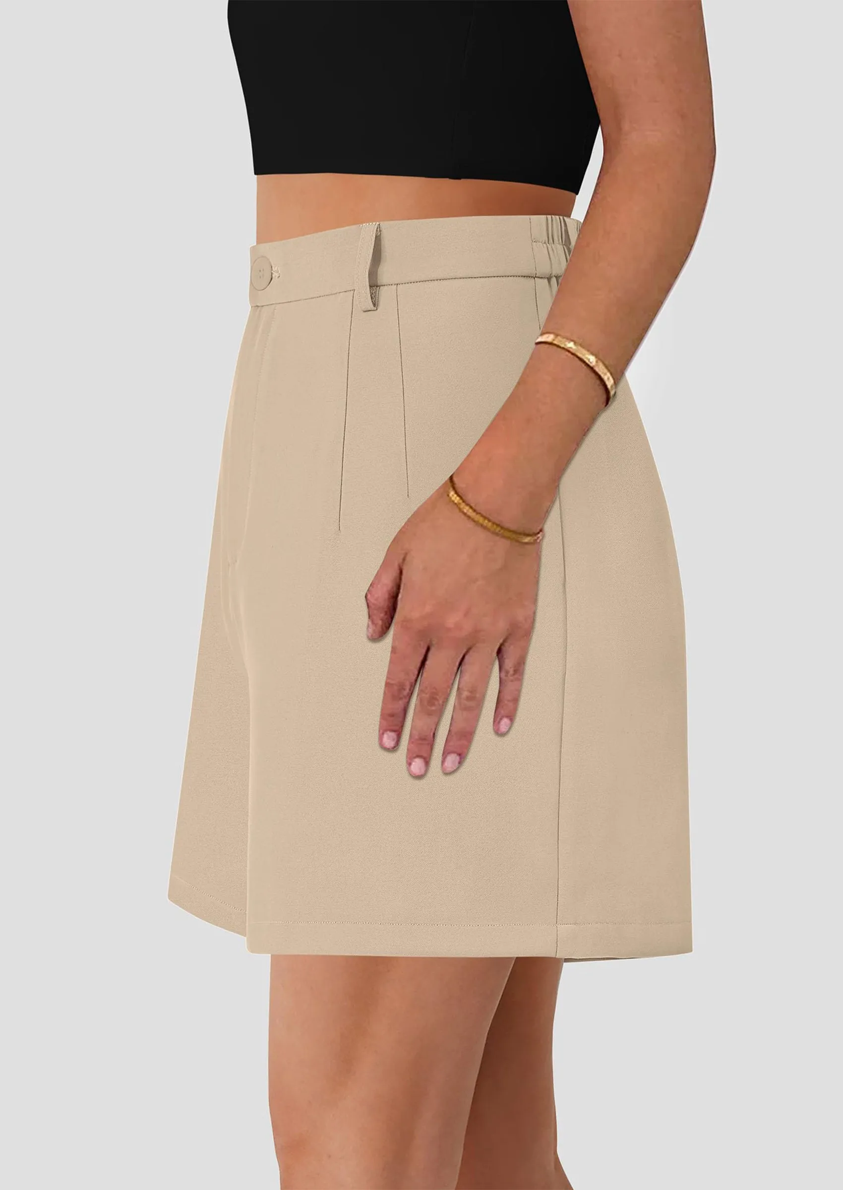 Elastic High Waisted Wide Leg Business Casual Dressy Shorts with Pockets