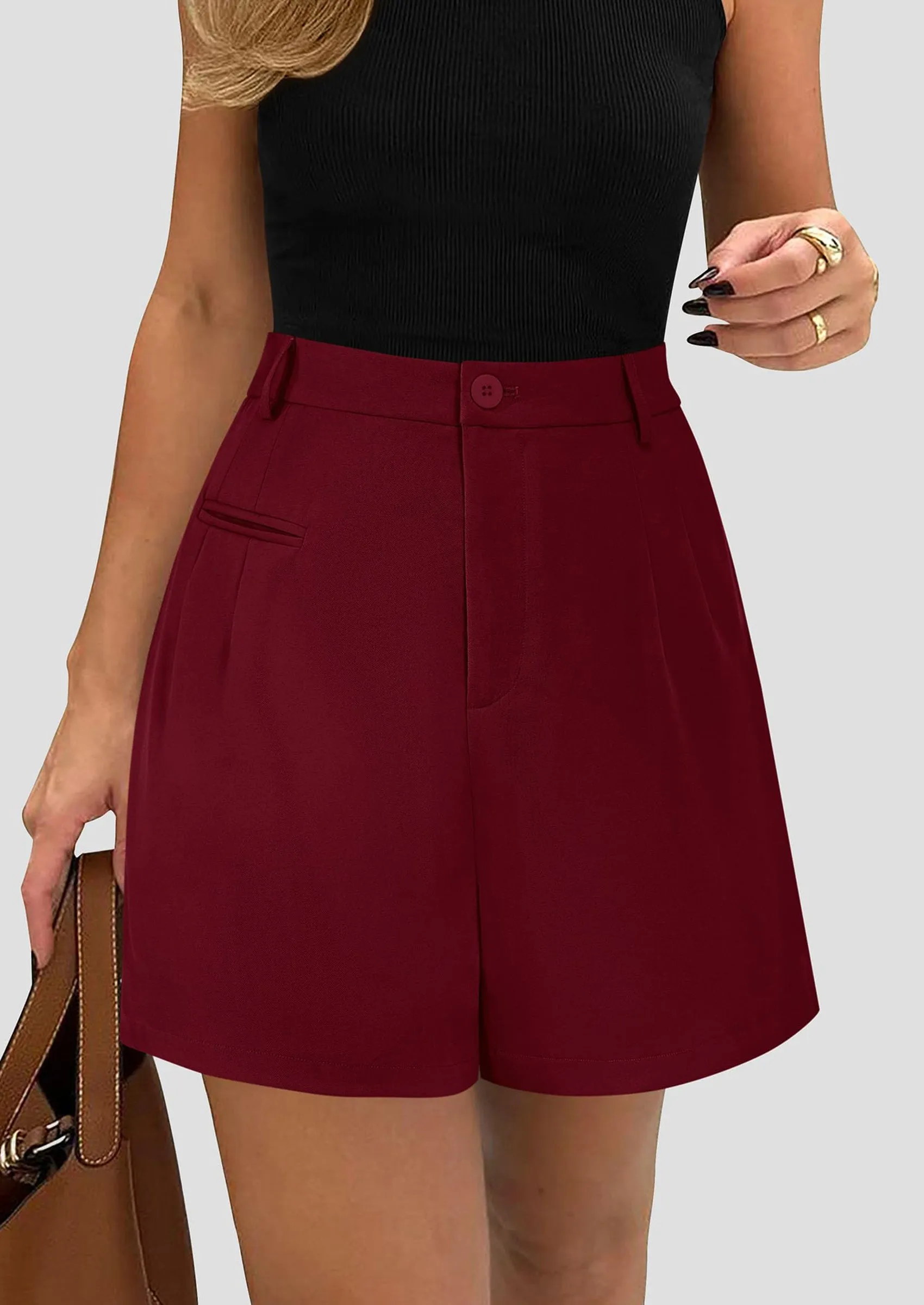 Elastic High Waisted Wide Leg Business Casual Dressy Shorts with Pockets