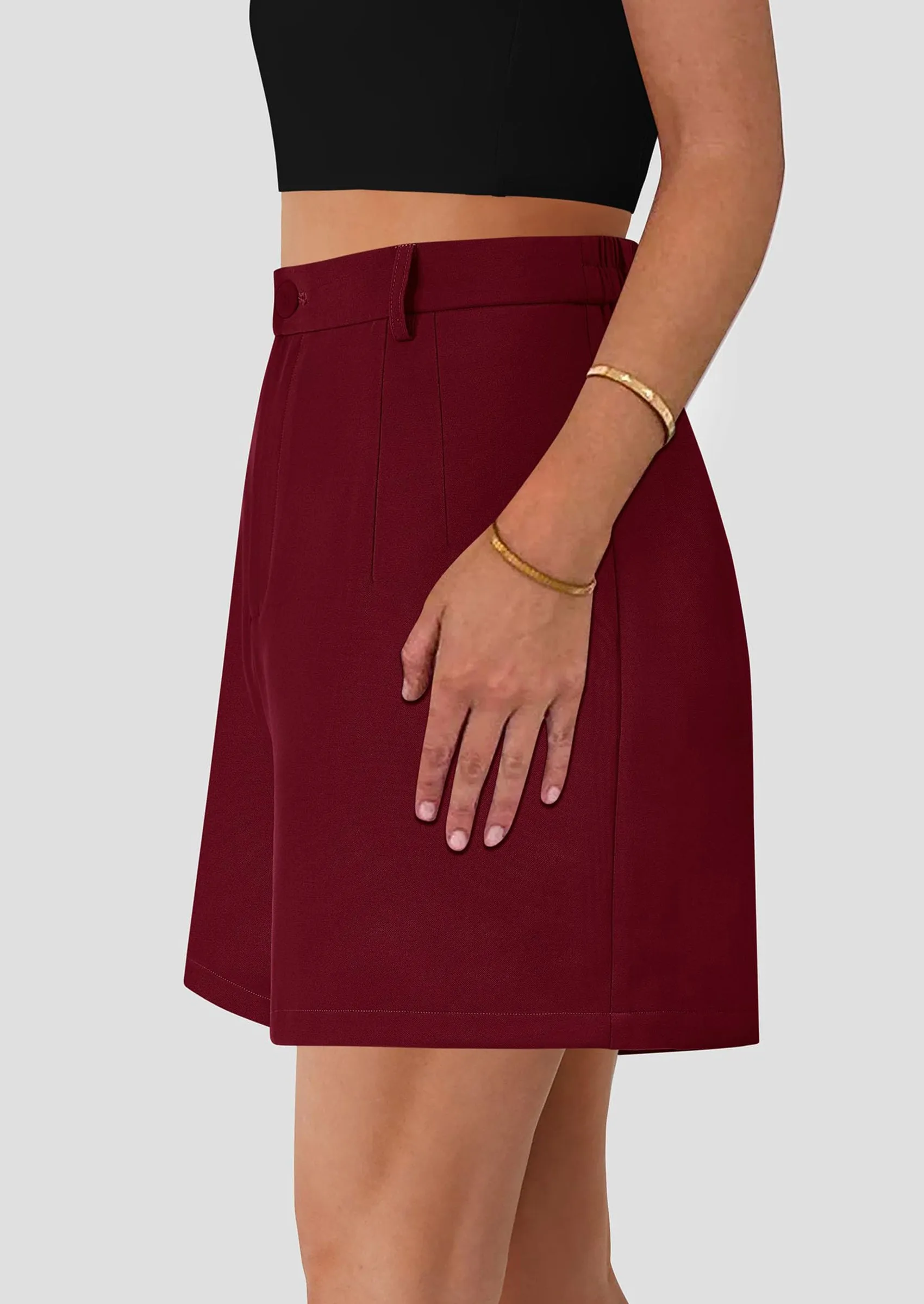 Elastic High Waisted Wide Leg Business Casual Dressy Shorts with Pockets