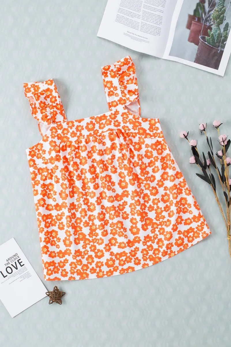 Floral Orange Tank Top with Wide Ruffle Shoulder Straps