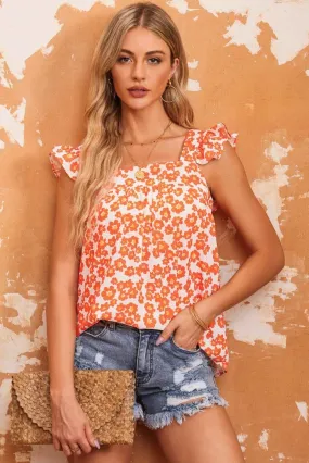 Floral Orange Tank Top with Wide Ruffle Shoulder Straps
