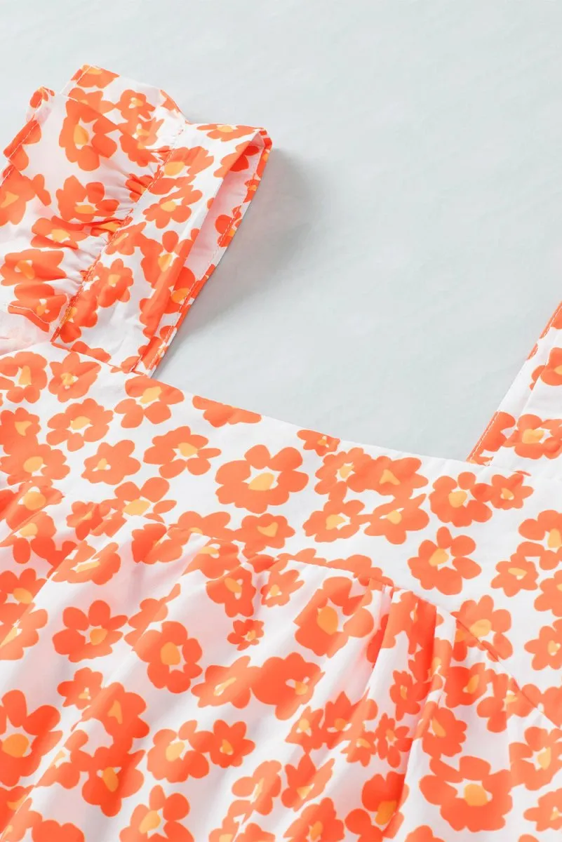 Floral Orange Tank Top with Wide Ruffle Shoulder Straps