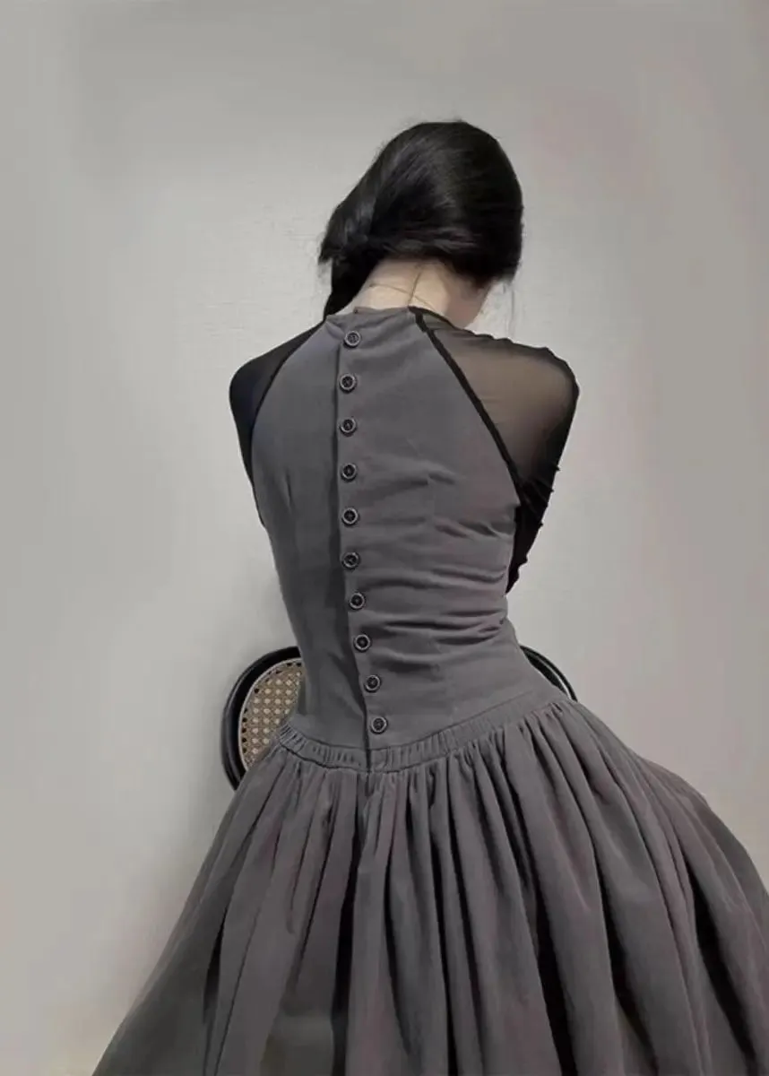 FLYTONN- Original Grey O Neck Wrinkled Patchwork Cotton Dresses Spring HA1043