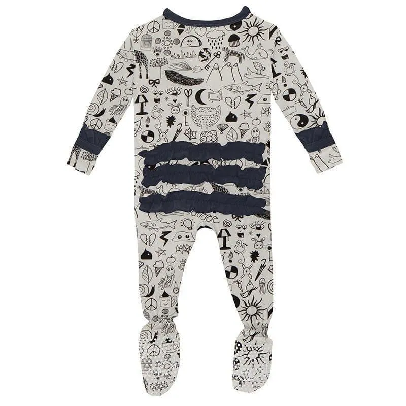 Girl's Print Bamboo Classic Ruffle Footie with Zipper - Doodles