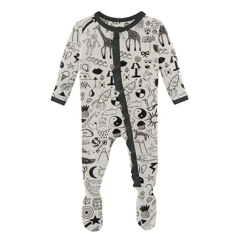Girl's Print Bamboo Classic Ruffle Footie with Zipper - Doodles
