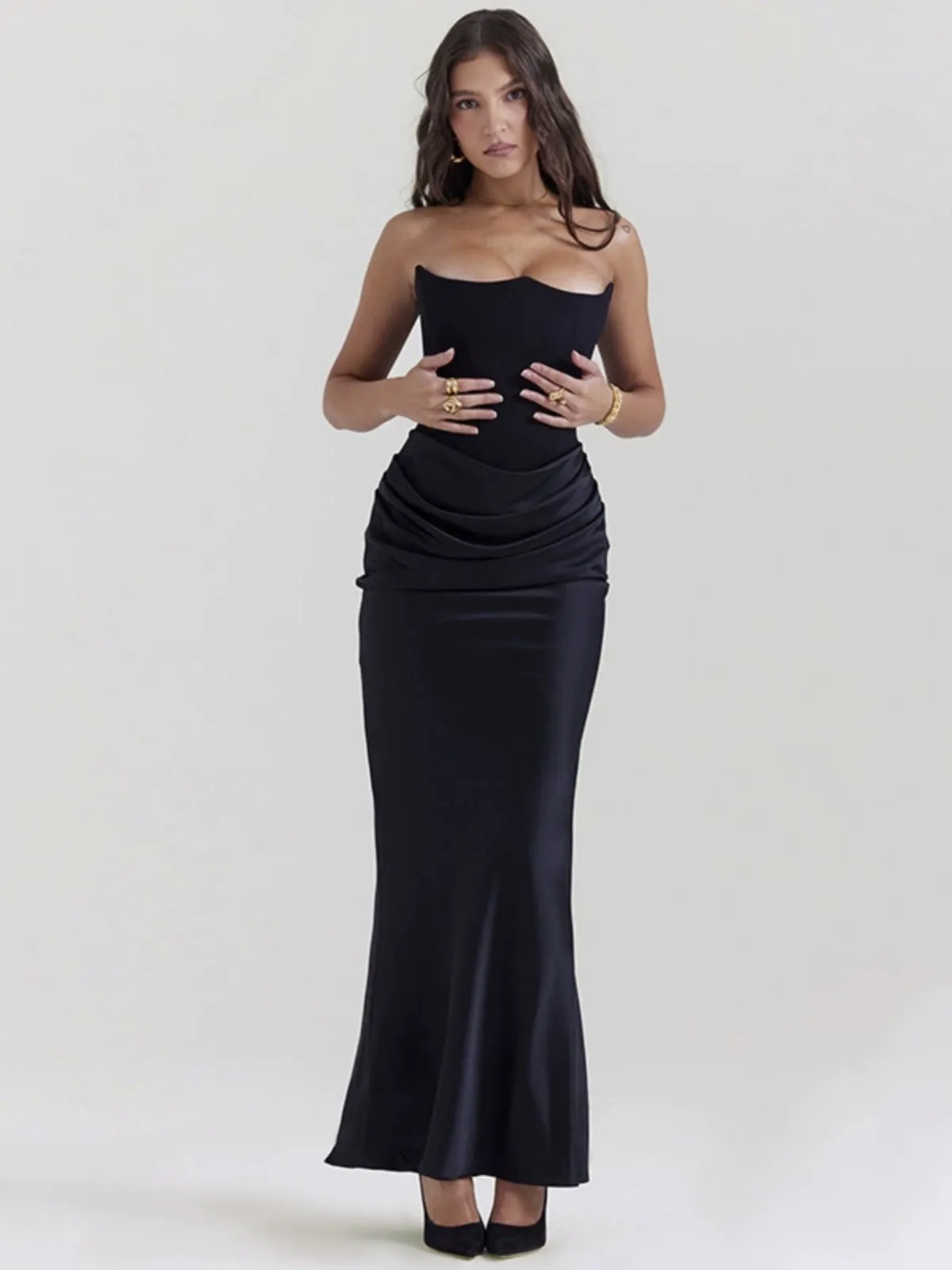 High-end Pleated Satin Black Dress