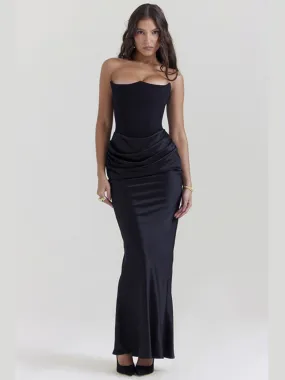 High-end Pleated Satin Black Dress