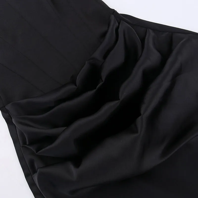 High-end Pleated Satin Black Dress