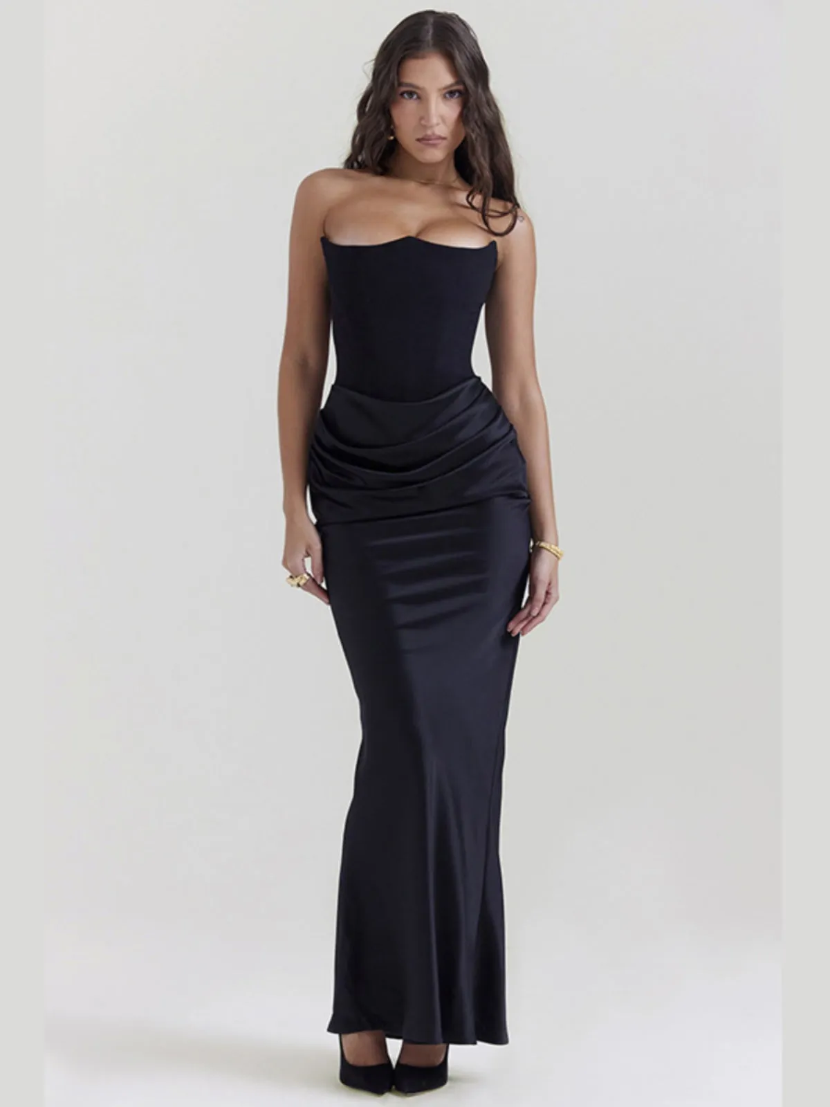 High-end Pleated Satin Black Dress